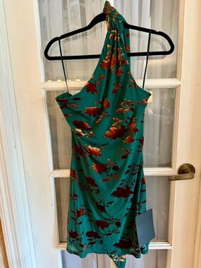 NWT SZ L Lulus Unreal Awe emerald green floral burnout velvet one-shoulder dress